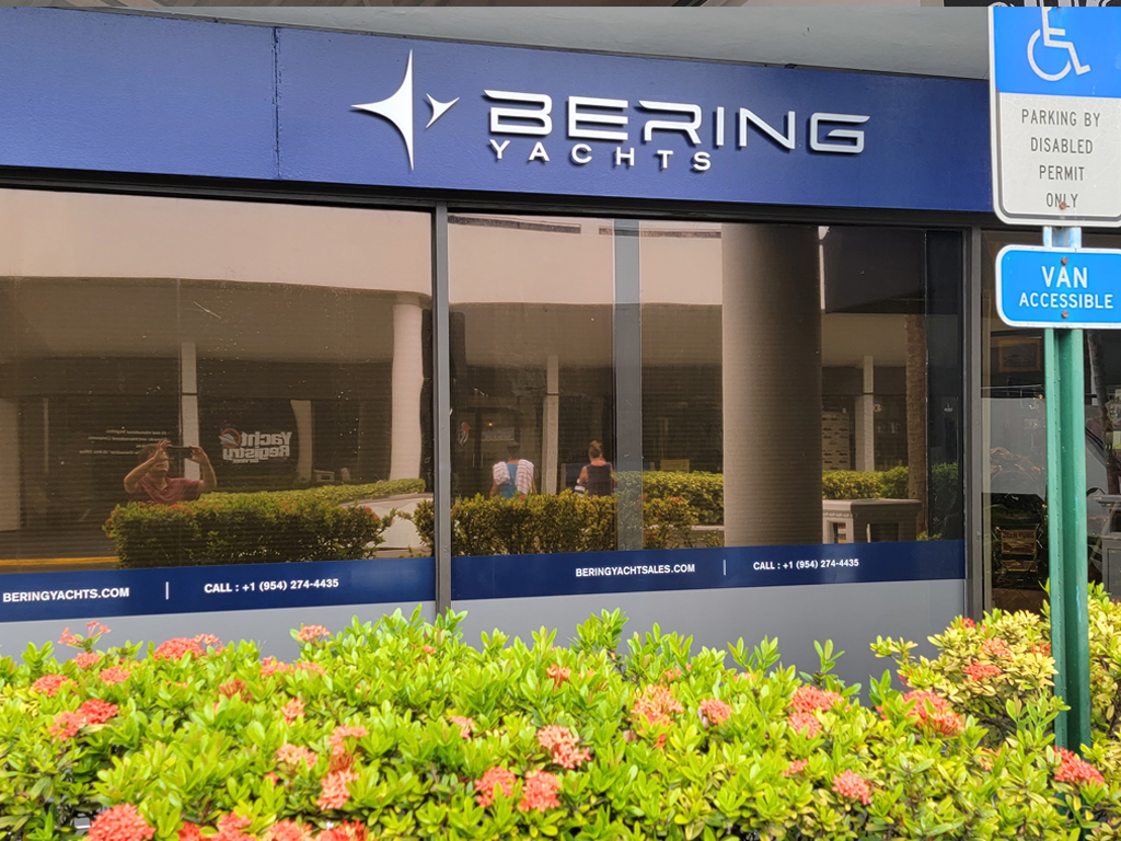 Bering Yachts storefront and window graphics – custom signs portfolio Melbourne FL
